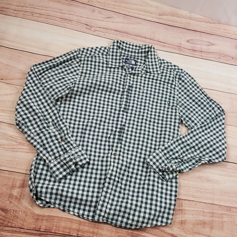 North Face Mens Large Green White Outdoors Button Up Casual Hiking‎ Cotton Adult
